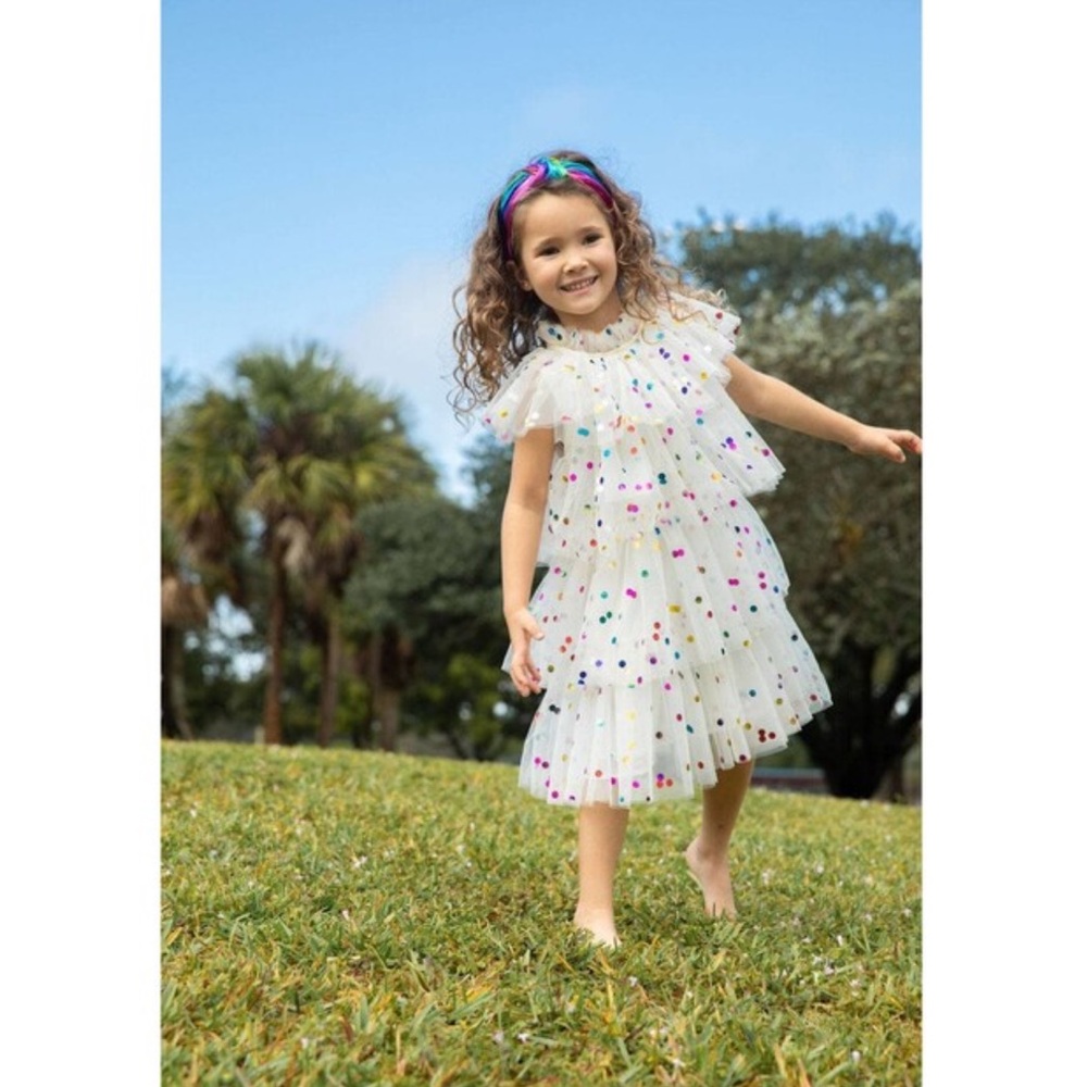 Lola + The Boys White Tiered Tulle Dress with Multicolor Dots